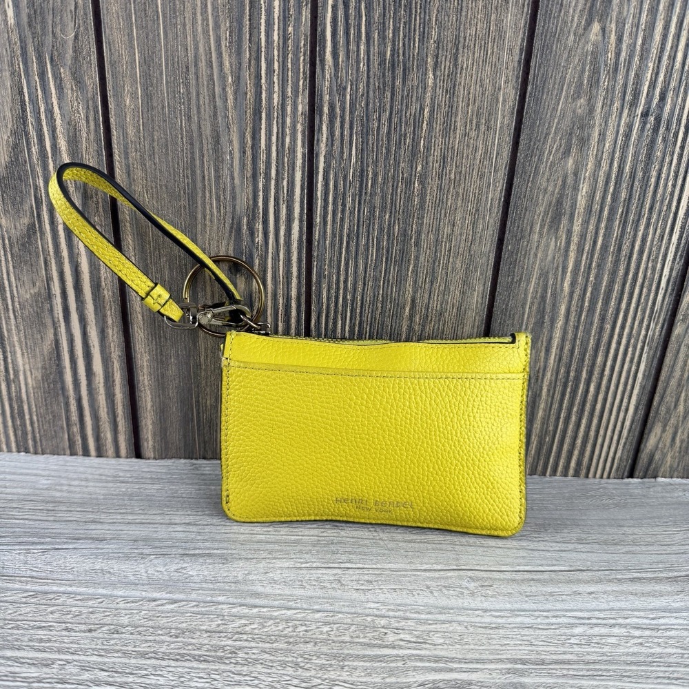 Henri Bendel Yellow Leather Zip Card Case ID Holder Keychain Wristlet Wallet